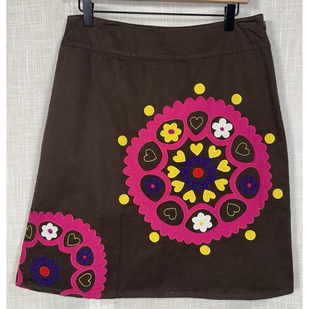 Boden‎ Brown Pencil Skirt w/ Pink Yellow Heart Floral Appliqué Women's Sz 10